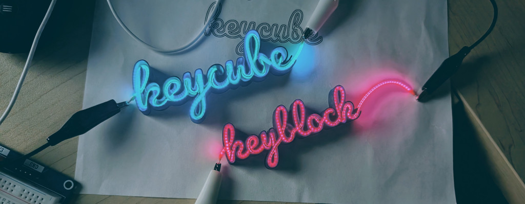 A photograph of small neon-like signs